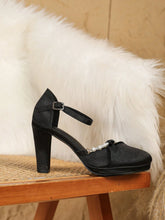 New Fashionable & Elegant Satin Closed Toe Pearl Decor Ankle Strap High Heel Platform Sandals